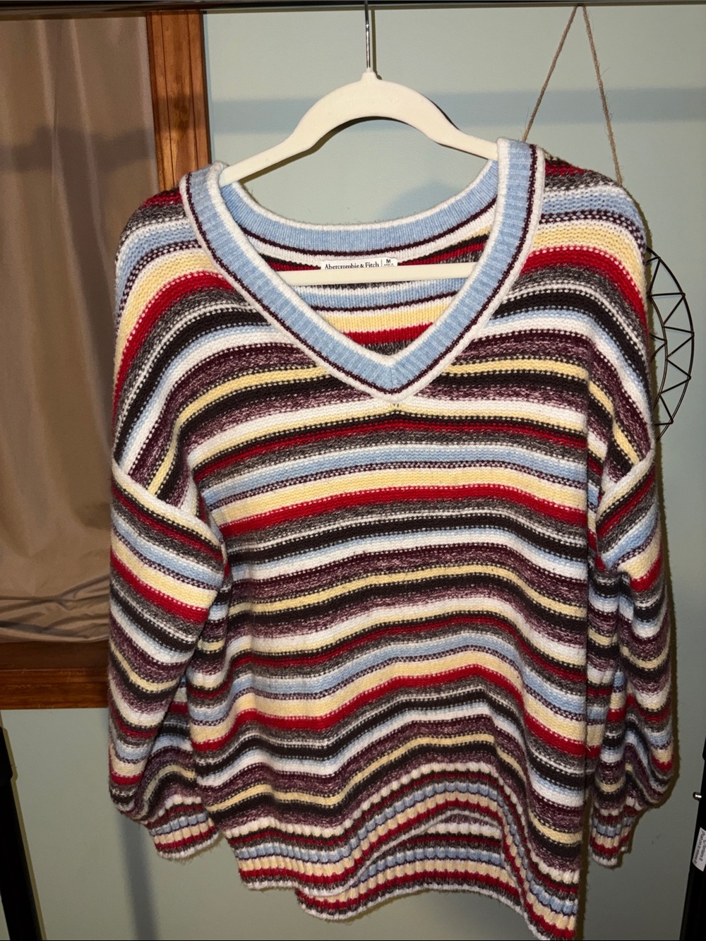 Abercrombie & Fitch Striped V-Neck Sweater in Blue, Red, Cream and Gray